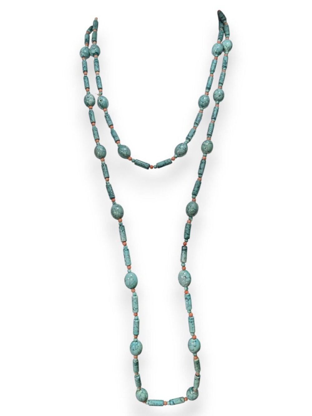 Boho Southwestern Faux Turquoise Orange Beaded Necklace 54 Inch